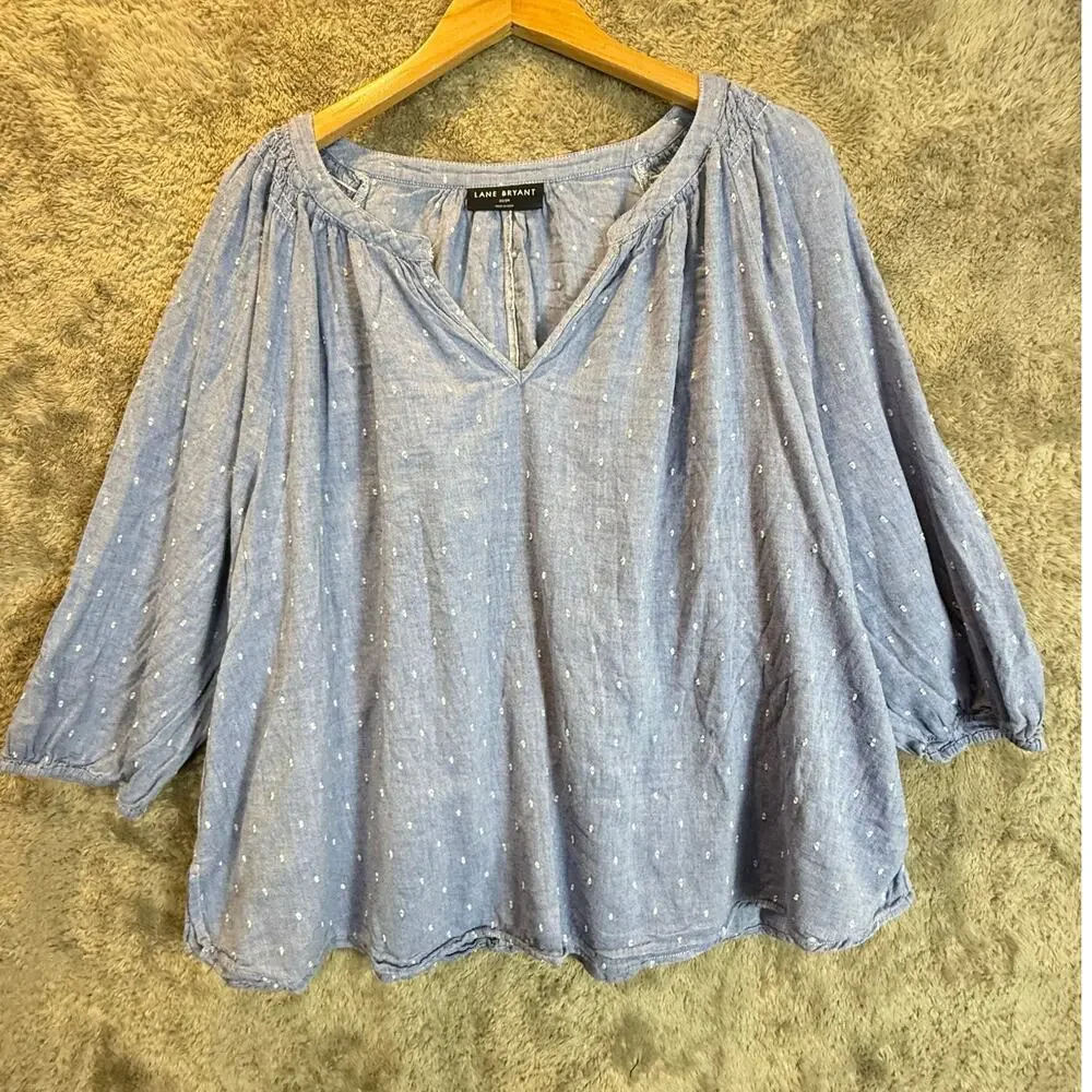 Lane Bryant Chambray Cotton Top Blouse Shirt Blue Popover Swing Size 22 24